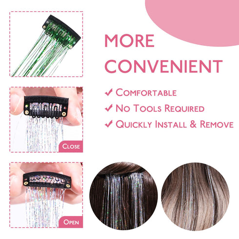 WENNALIFE Hair Tinsel Clip In for Girls, 6pcs 24 Inch Colorful Glitter Tinsel Hair Extensions