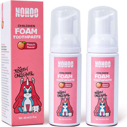 NOHOO Kids Foam Toothpaste, 2PCS Peach Flavor, Fluoride Free Natural Formula for Electric Toothbrush, Toddler Oral