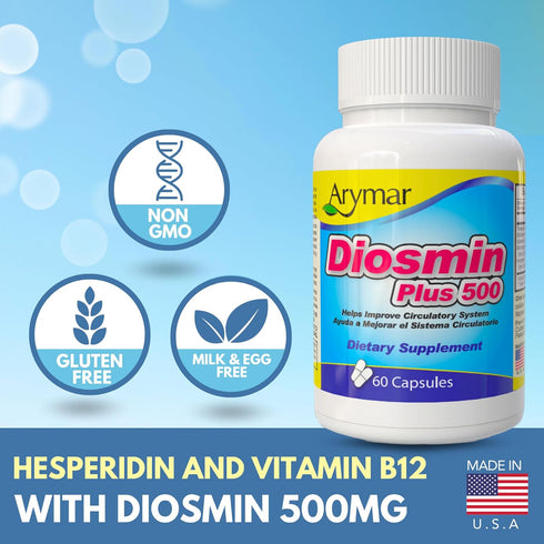Arymar Diosmin Plus 500 Supplement for Circulatory Support with Hesperidin & B-Complex, 60 Capsules