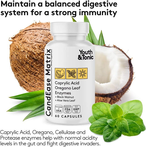 Immune 90 Youth & Tonic Oregano & Caprylic Acid Gut Health Supplement with Probiotics & Herbs for Gut Flora Balance