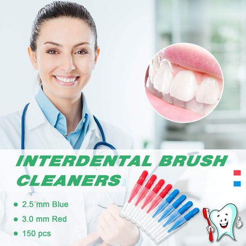 150 Pieces Interdental Brush Toothpick, Oral Interdental Brush Flosser Cleaners, Red, Blue, 0.1 Inch