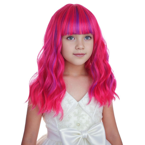 Kids Hot Pink Mixed Purple Wig Child Short Pink Purple Wig with Air Bangs Purple Pink Wavy Curly Wig for Girls Heat Resistant Synthetic Wig with Wig Cap