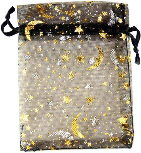SUNGULF 100Pcs Sheer Organza Drawstring Pouches, 6x9 Inches, Stars And Moon Wedding Party Favor Jewelry Gift Bags