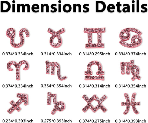 JERCLITY 24 Pieces Pink Alloy Zodiac Nail Charms, 12pcs Zodiac Signs Nail Studs, 12pcs Constellation Words Nail Charms