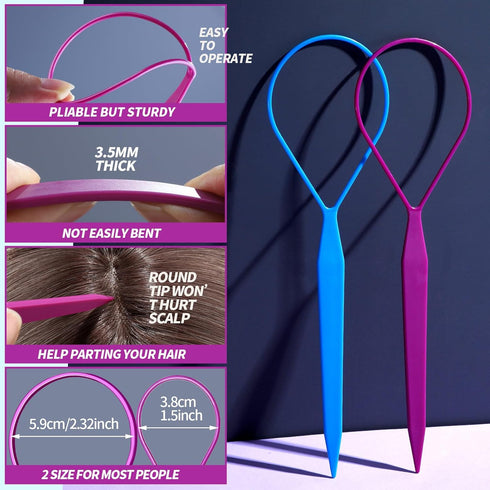 Teenitor 4pcs Pony Hair Tail Accessories - 2 Pairs French Braiding Tool, Turvy Styling Tool for Women Girls, Purple/Blue