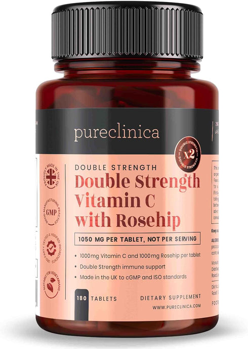 pureclinica Vitamin C with Rosehip, 2000mg (1000mg VIT C & 1000mg Rosehip Extract) x 180 Tablets - 6 Months Supply