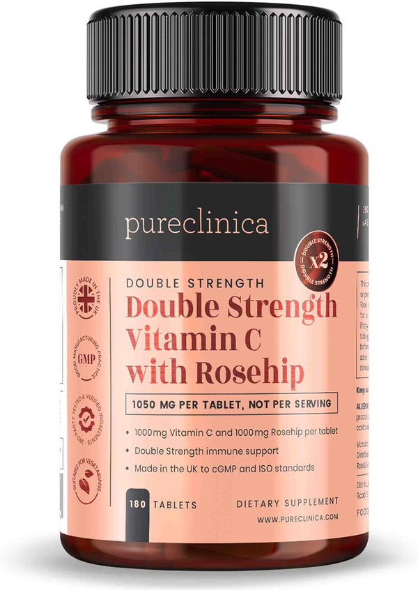 pureclinica Vitamin C with Rosehip, 2000mg (1000mg VIT C & 1000mg Rosehip Extract) x 180 Tablets - 6 Months Supply