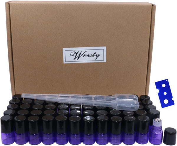 Wresty 60 Pcs Mini Purple Glass Roller Ball Bottles, 1ml Refillable Empty Sample Vials for Essential Oils, with Opener