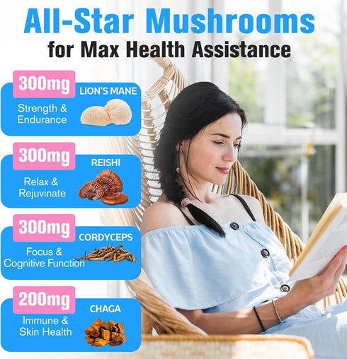 Mushroom Supplement 2600mg, 20-IN-1 Complex - Organic Mushrooms for Natural Energy, Immunity, Memory, Focus & Longevity