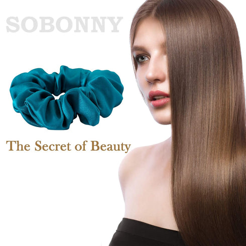 MulberrySilk Hair Scrunchies for Women, 3 Pack Silk Hair Ties for Sleep, Black, Taupe, Peacock Blue