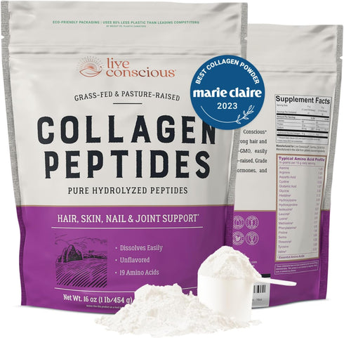 Live Conscious Collagen Peptides Powder - Hydrolyzed Collagen for Hair, Skin, Nail & Joint Support - 16oz