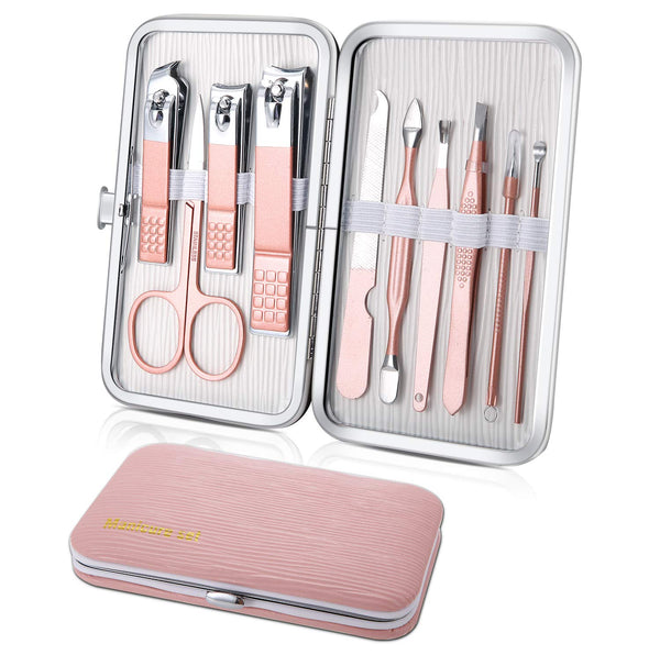 Manicure Set - Travel Mini Nail Clippers Kit with 10pcs Stainless Steel Grooming Tools (Pink)