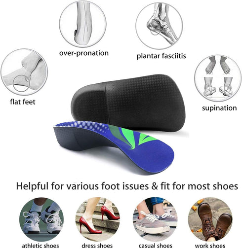 RooRuns FitFeet Orthotic Inserts 3/4 Length - High Arch Support Insoles for Over-Pronation, Plantar Fasciitis