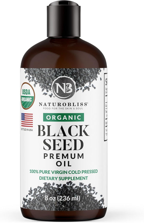 NaturoBliss Organic Black Seed Oil 100% Virgin Cold Pressed - 8oz Super Antioxidant for Immune Support, Joints, and