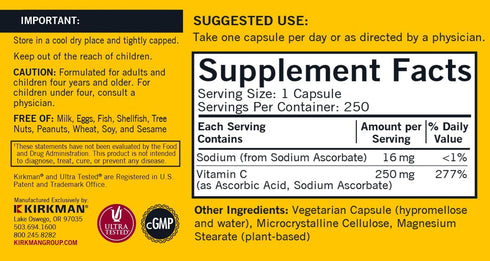 Kirkman Vitamin C 250 mg, Hypoallergenic, 250 Capsules