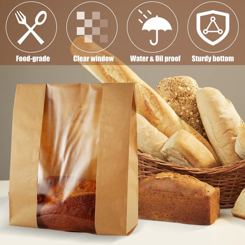 PEUTIER 200pcs 13.7x8.2x3.5 Inch Bread Bags for Homemade Bread, Paper Sourdough Bread Bags with Window Bakery Bags