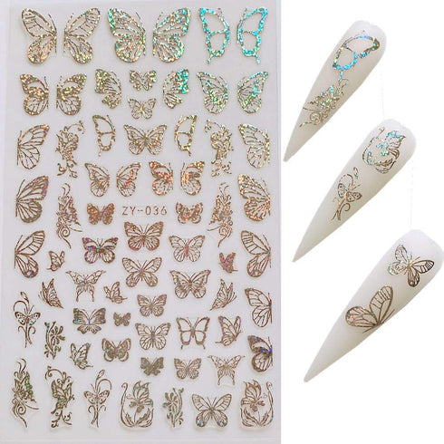 NAIL ANGEL 8Sheets Nail Art Adhesive Sticker Sheets with Different Laser Gold and Silver Butterfly Shapes