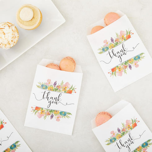 100 Pack Paper Cookie Bags - 7.5 x 5 Inch for Party Favors, Treats, and Candy with Floral Thank You Design