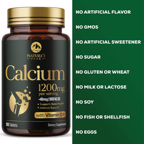 Calcium 1200 mg with Vitamin D3, Calcium Supplement for Bone Strength, 180 Tablets, Supports Immune System