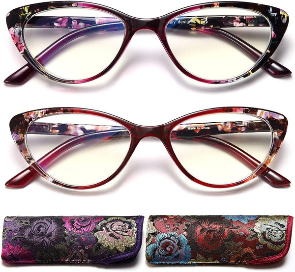 EYEURL Cat Eye Reading Glasses for Women - Set of 2 Blue Light Blocking Computer Readers +1.5 Quality Frame