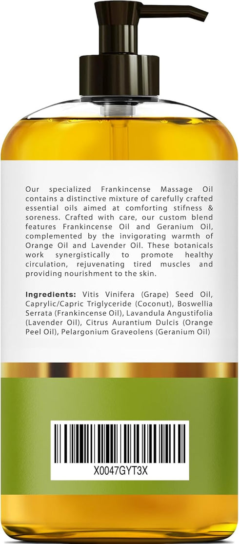 Frankincense Massage Oil - 100% Pure & Natural - 8 FL OZ for Soreness, Stiffness, Stretch Marks, Scars