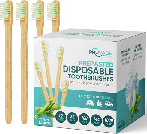 12 Pack Disposable Bamboo Toothbrushes with Built-in Toothpaste, Individually Wrapped, Soft Bristles for Travel