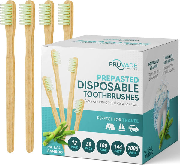 12 Pack Disposable Bamboo Toothbrushes with Built-in Toothpaste, Individually Wrapped, Soft Bristles for Travel