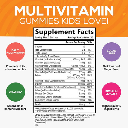 Nature's Nutrition Vitamins for Kids Multivitamin Gummies, Kids Vitamins Gummy Sugar Free, Vitamin C, B6, B12, D3 & Zinc for Children's Immune Support, Orange Flavor, Non-GMO - 60 Gummies
