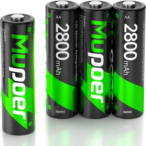 Mupoer Rechargeable AA Batteries 4 Pack, Ni-MH 2800mAh High Capacity 2A Battery, 1.2V