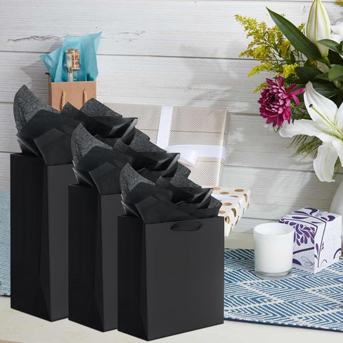 QIELSER 12 Pack Black Gift Bags with Ribbon Handles, Kraft Paper Gift Bags with Tissue Paper in 3 Sizes for Parties