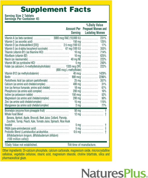 Natures Plus Source of Life Prenatal, 800 mcg Folate, 90 Vegetarian Tablets, Gluten-Free