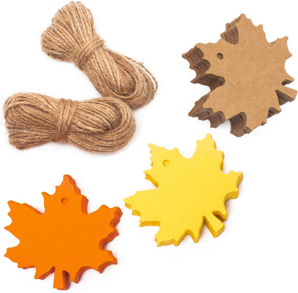 Whaline 150 Pcs Fall Gift Tags with Maple Leaves - 3 Colors, Favor Paper Tags with 131 Feet Natural Jute Twine