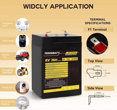 TEMIBATT 6V LiFePO4 1 Pack, 7AH 2000+ Battery USB Rechargeable Lithium Iron Phosphate Battery, Cycles for Ride On Toys