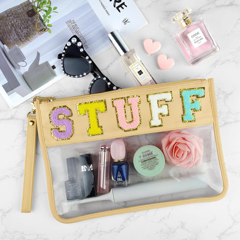 Morcheiong Chenille Letter Bag Cute Cosmetic Bag Clear Zipper Stuff Pouch Portable Multi-purpose PVC and Nylon Makeup Bag with Handle for Travel School Gym Beach(Beige Stuff)
