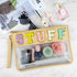 Morcheiong Chenille Letter Bag Cute Cosmetic Bag Clear Zipper Stuff Pouch Portable Multi-purpose PVC and Nylon Makeup Bag with Handle for Travel School Gym Beach(Beige Stuff)