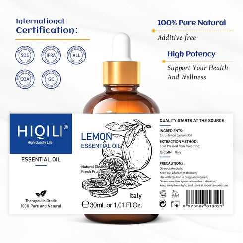100% Pure Undiluted Lemon Essential Oil 1 Fl Oz - For Skin, Cleaning & Diffuser