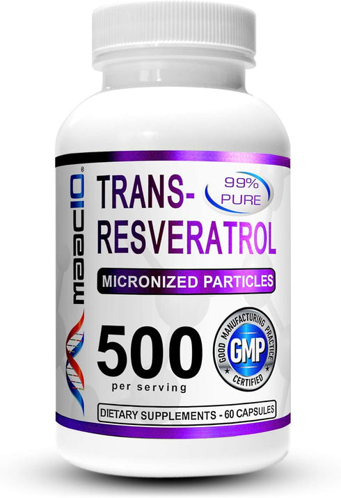MAAC10 Trans Resveratrol 500mg Supplement, 60ct, Micronized Pharmaceutical Grade with BioPerine for Absorption