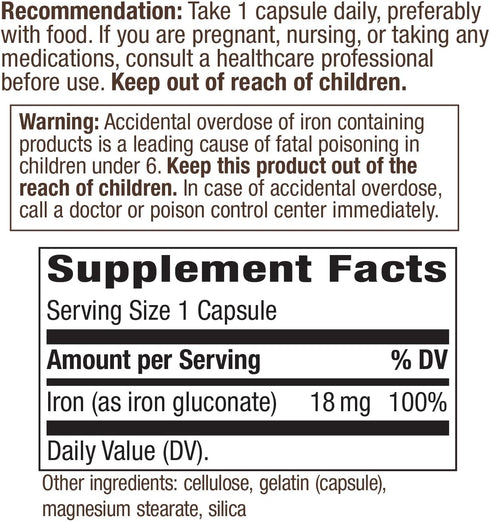 Nature's Way Iron Supports Healthy Red Blood Cells* 18mg Per Serving 100 Capsules