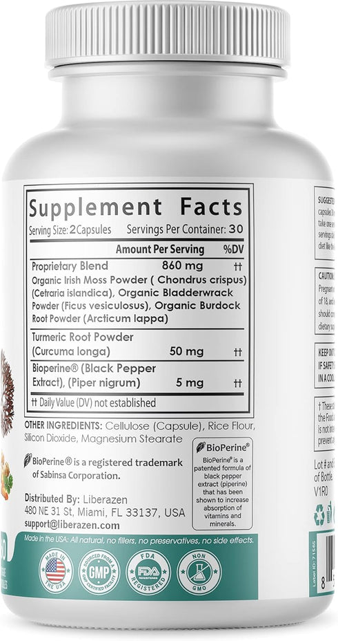 Organic Irish Sea Moss Pills, Wildcrafted Dr Sebi Inspired Seamoss Blend with Turmeric, Burdock Root & Bladderwrack