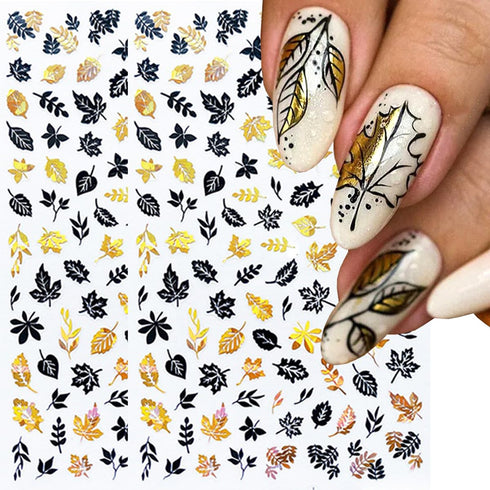 8 Sheets Gold Maple Leaf Nail Stickers - 3D Fall Nail Art Supplies, Holographic Autumn Design Foils