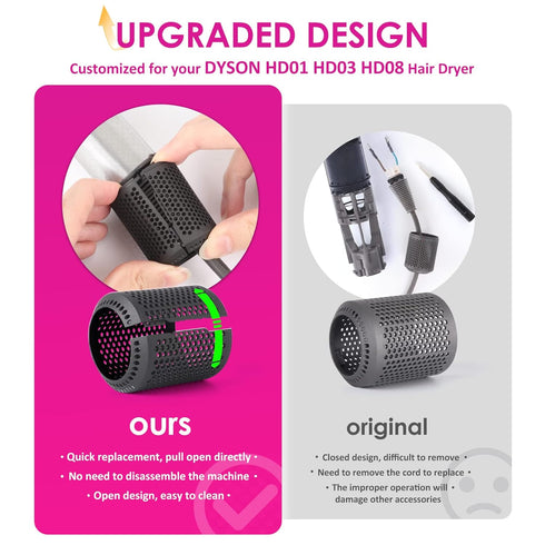 Upgraded Hair Dryer Filter Cover for Dyson Supersonic HD01 HD03 HD08 Models, Strainer Filter with Cleaning Brush (Gray)