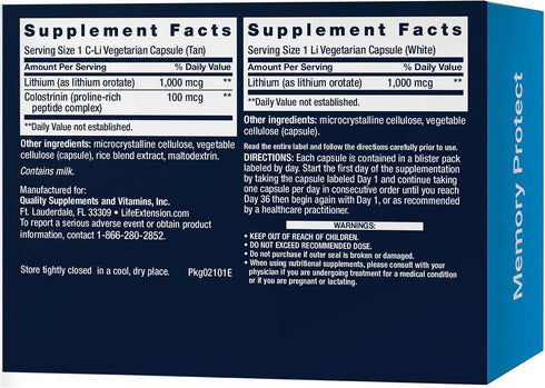 Life Extension Memory Protect - Brain & Memory Health Support Formula Neuro Supplement – Gluten-Free, Non-GMO, Vegetarian – 12 Colostrinin-Lithium (C-Li) Capsules + 24 Lithium (Li) Capsules