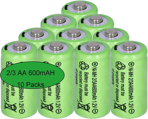 10 Packs 2/3AA Size Rechargeable Batteries, 600mAh 1.2V Ni-MH for Solar Lights (Not AA Standard Size)