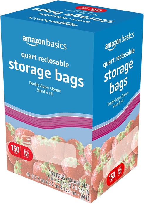 Amazon Basics Quart Food Storage Bags, Stand & Fill, 150 Count Pack
