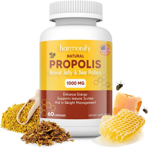 Bee Pollen Propolis Royal Jelly Extract | 1000 mg | Pure Immune Support Supplement | Gluten-Free, Vegetarian Capsules
