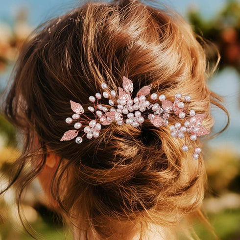 Heread Pearl Bride Wedding Hair Pins, Leaf Bridal Head Piece Flower Hair Accessories for Women and Girls (Pack of 3)