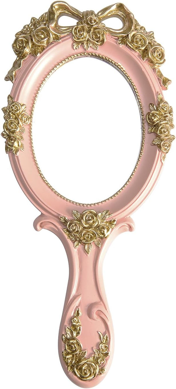 Nerien Handheld Mirror, Vanity Makeup Mirror, Travel Metal Cosmetic Mirror, Oval Embossed Rose Design, Pink