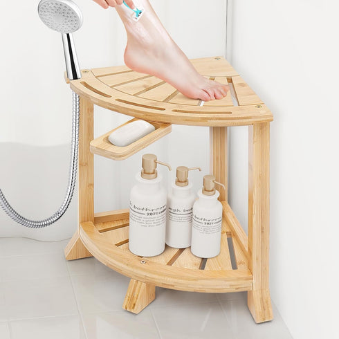 Bamboo Shower Stool with Storage Shelf, 2-in-1 Corner Stool & Foot Rest,