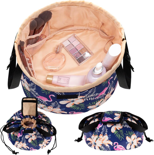 Large Barrel Drawstring Makeup Bag, Portable Cosmetic Organizer for Travel Accessories and Hair Products (Flamingo Dark