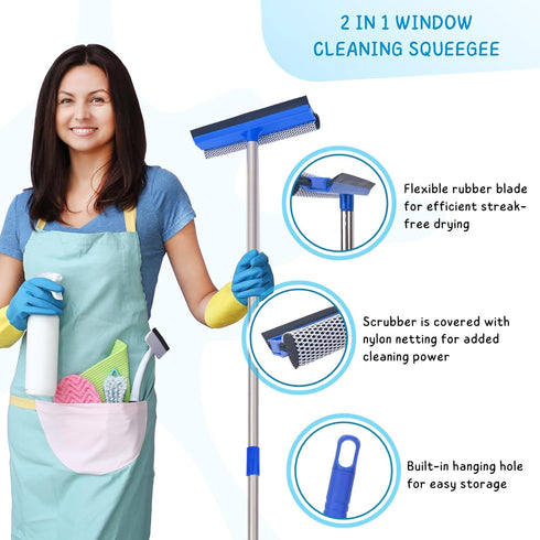 Window Squeegee for Home, 56'' Long Handle Window Cleaner Tool, 2-in-1 Window Scrubber for Car Windshield, Shower Door Cleaning